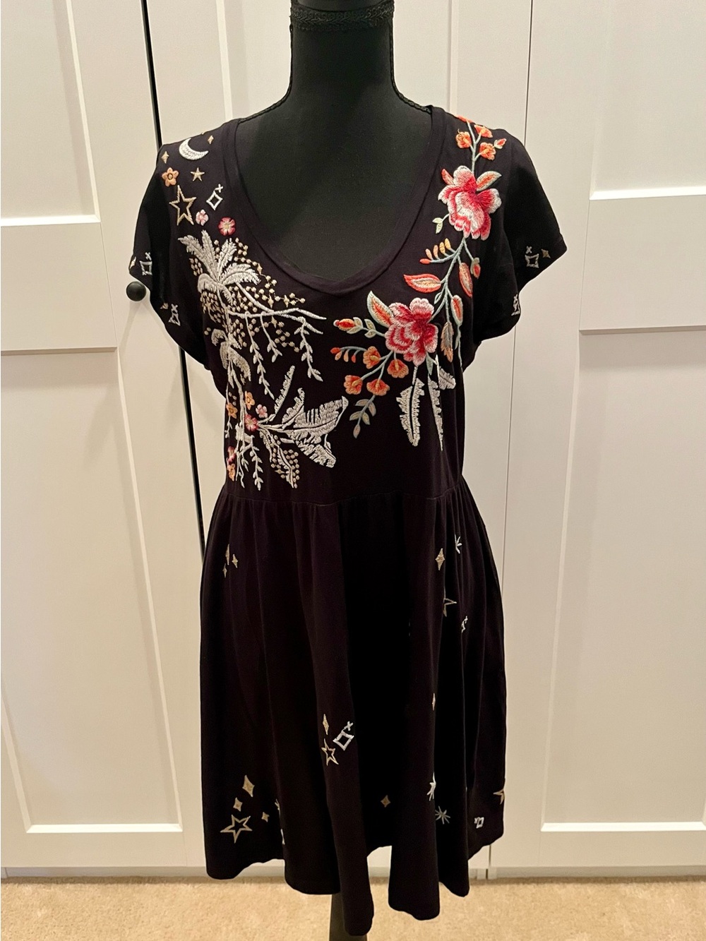 Johnny Was Black Mini Dress Heavily Embroidered in Pink, Coral, & Cream Florals